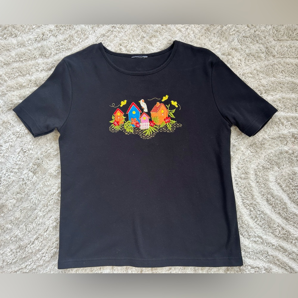 Grandma Chic Black Tee with Colorful Birdhouse Embroidery